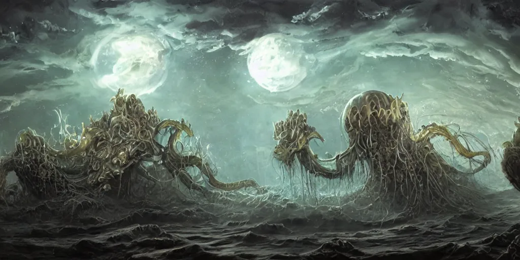 Prompt: concept art of giant translucent glowing jellyfishes, renaissance, divers helmet, lots of teeth, melting horror, round moon, rich clouds, fighting the horrors of the unknown, mirrors, very detailed, volumetric light, mist, grim, fine art, decaying, textured oil over canvas, epic fantasy art, very colorful, ornate, anato finnstark