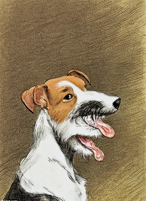 Prompt: candid portrait of a jack russel terrier howling, side view, illustrated by peggy fortnum and beatrix potter and sir john tenniel