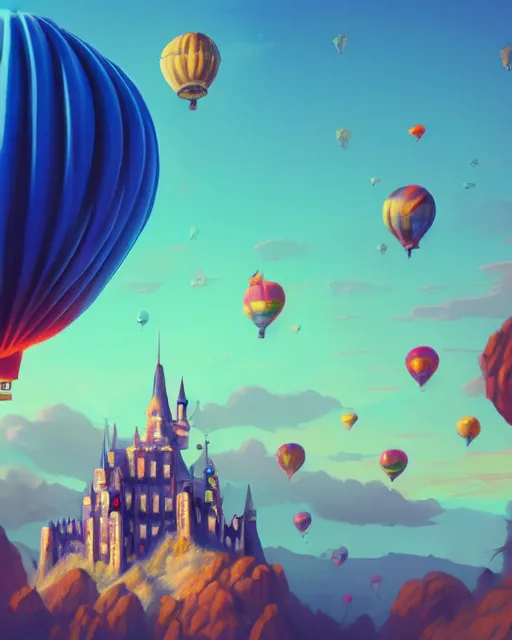Image similar to flying cloud castle, buildings, baloons, machines, bright, blue sky, mountains, colorful, cinematic lighting, fantasy, high detail, illustration, masterpiece, artstation, 4 k, art by wylie beckert