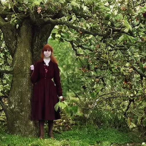 Prompt: a man has become an apple tree in a secret garden. a girl holds a key. folk horror