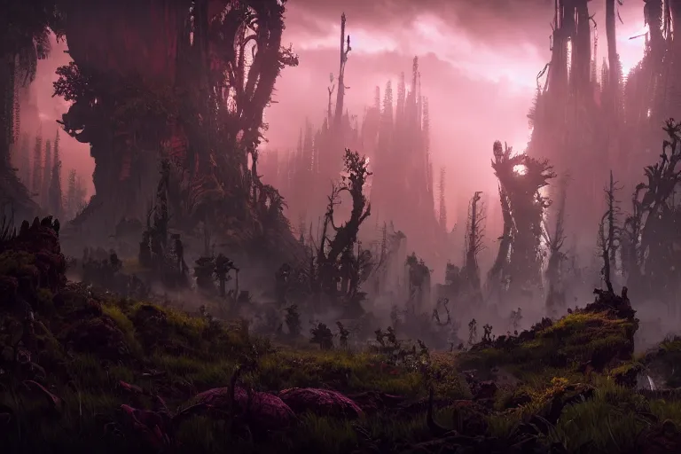 Image similar to wide epic shot from horizon forbidden west. a hyper detailed organic mechanic creatuve realistic similar look as horizon forbidden west horizon zero dawn, bioluminiscence in a dark deep forest at dawn in spring, with reflection and textures, by kilian eng, substance painter reaslitic mech surface metal painted scratches, world env from horizon forbidden west horizon zero dawn