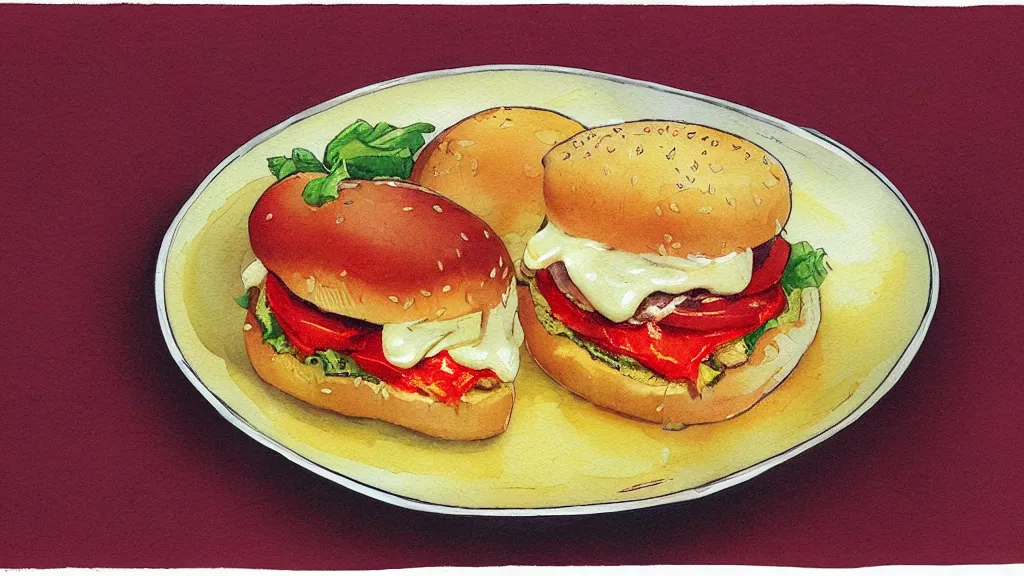 Prompt: a plate with cheeseburguer, kseniia yeromenko, rob duenas, watercolor, illustration, red background, highly detailed