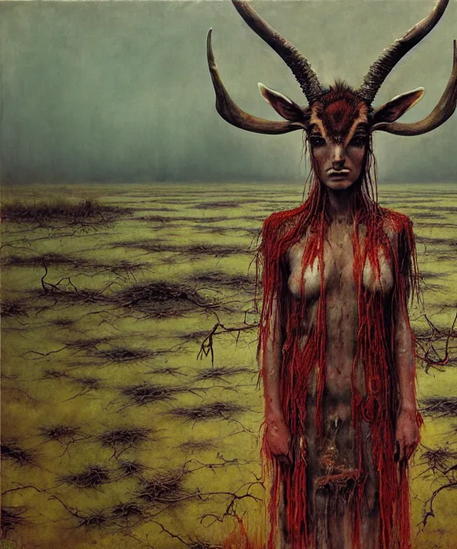 Image similar to a detailed horned antelopewoman stands among the swamps. wearing a ripped mantle, robe. perfect faces, extremely high details, realistic, fantasy art, solo, masterpiece, art by hermann nitsch, zdzislaw beksinski, dariusz zawadzki, giger, dragan bibin