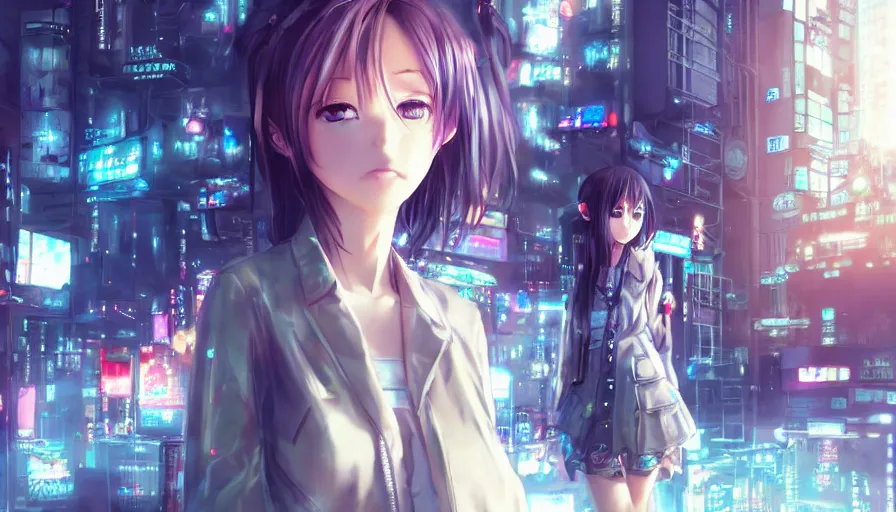 Image similar to cute anime girl in a cyberpunk city by wlop, detailed eyes, heterochromia, closeup, short minidress, light clothing, light rain, hyper real, detailed digital art, hatsune miku, photorealistic