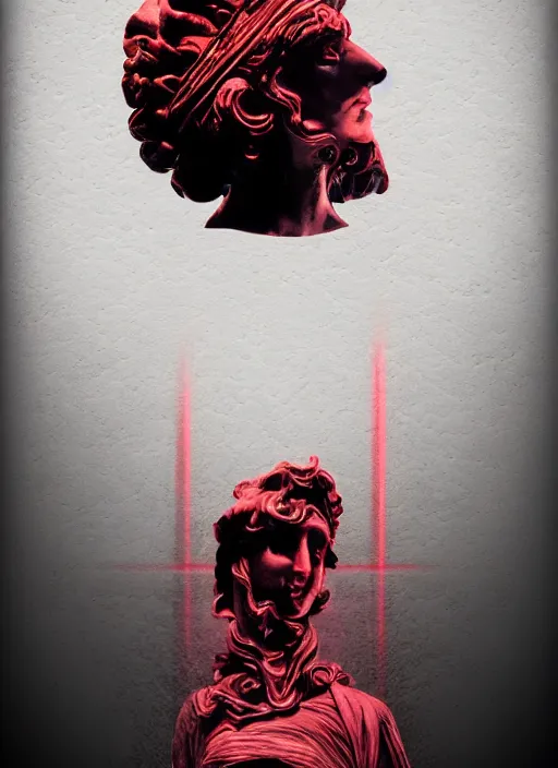Prompt: elegant dark design poster showing a greco roman statue, black background with very subtle red purple design elements, powerful, nekro, vito acconci, thin straight lines, dark, glitch art, neo vaporwave, gritty, layout frame, square, trending on artstation
