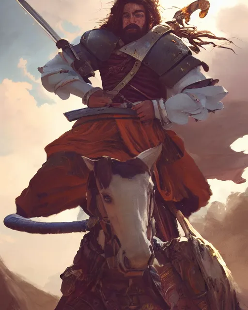 Prompt: ultrarealistic portrait of a spanish conquistador in battle, by daniel zrom and mingchen shen, studio ghibli color scheme, detailed, handsome, anatomy, sharp focus, photography, magic : the gathering, octane, cinematic lighting, facial features, jungle, clear face, golden ratio, tarot card