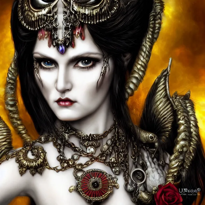 Image similar to perfectly centered close up portrait, candid photography, goddess of death, by anne stokes, updo, highly detailed
