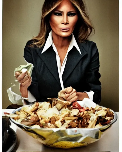 Image similar to Melania Trump eating garbage. Portrait by Annie Leibovitz.