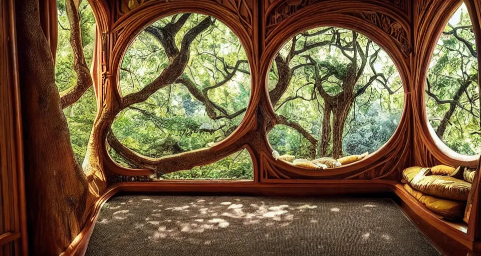 Prompt: A scene from a 2022 film featuring a cozy art nouveau reading nook in a fantasy treehouse interior. Ancient books. Couches with pillows. A tree trunk. A balcony. Suspended walkways.