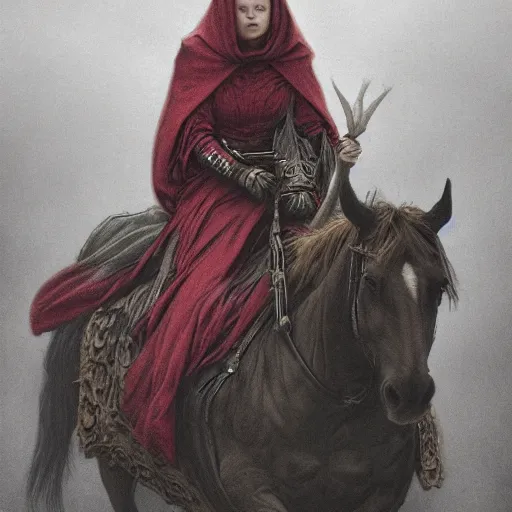 Image similar to a masterpiece! photographic portrait of a a cloaked woman riding the back of a scarlet - colored beast!! with seven heads!! and ten horns!! by gustave dore and sam spratt and allen williams, trending on artstation, cgsociety, 8 k hd, earthtone colors,