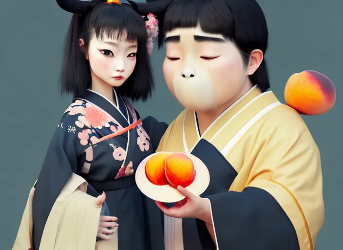 Prompt: a girl wearing a kimono giving a peach to a large anthropomorphic asian black bear, featured in artstation, artgerm, octane render, award winning, cinematic, elegant, intricate, 8 k, in the style of heikala and timothy kong and laia lopez and viorie,