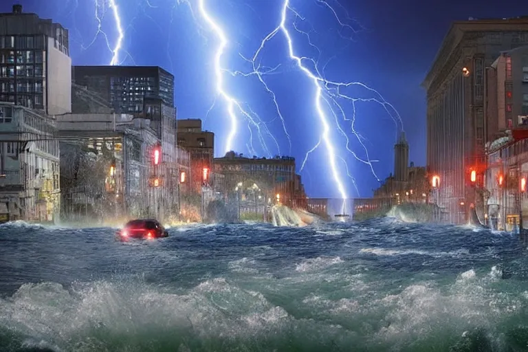 Image similar to multiple water tornado in the city, lightning strikes, ultra realistic, photorealistic, highly detailed, sharp focus, vivid, colorful