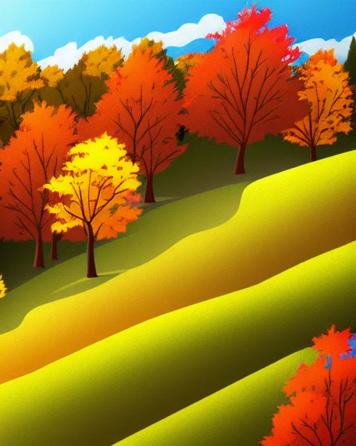 Image similar to autumn hillside boy hiking illustration fine texture, dynamic composition, detailed, matte print, dynamic perspective