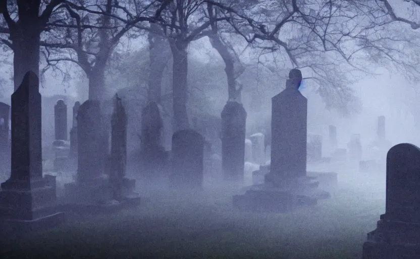 Image similar to a ghost walking though an old cemetary. haunted. night, rain, mist. hyper detailed. movie screencap