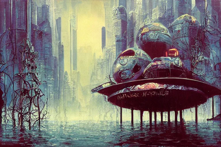 Prompt: river boats speeding between spherical tree houses on flooded streets of new york painting by ( ( ( ( ( h. r. giger ) ) ) ) ) and paul lehr