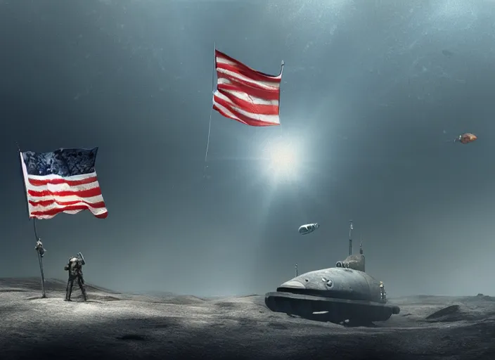 Image similar to astronaut holding a flag, underwater desert scene, submarine in background. dark, concept art, cinematic, dramatic, atmospheric, 8 k, trending on artstation, blue, fish, low visibility, fog, ocean floor, by christopher nolan, denis villeneuve