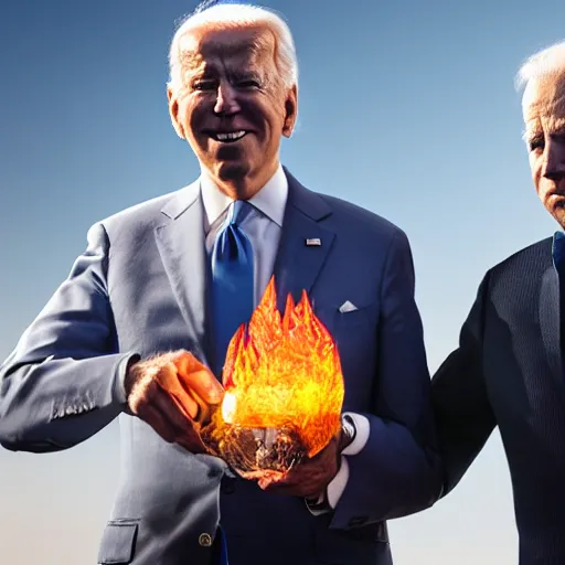 Image similar to UHD candid photo of Joe Biden and Hunter Biden holding up a giant flaming quartz crystal, UHD, photorealistic, correct face, photo by Annie Leibowitz