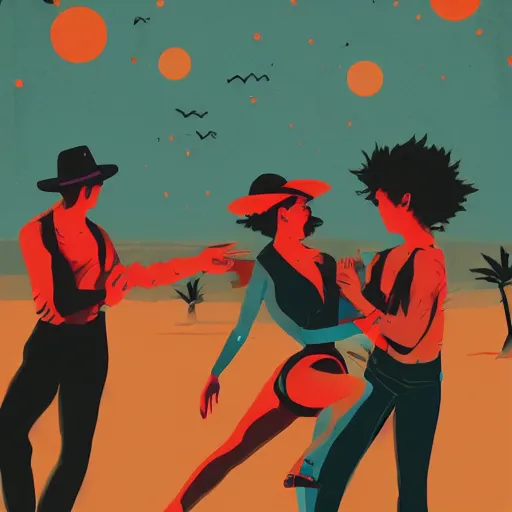 Image similar to a colorfully detailed comic noir illustration of tango dancers in a desert beach oasis by Sachin Teng, dark vibes, high contrast, pastel lighting, cinematic, depth of field, 8k