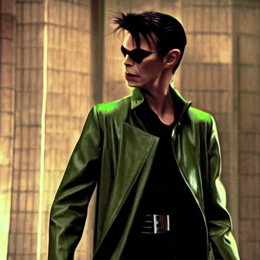 Image similar to David Bowie starring as Neo in The Matrix, green Matrix effect, leather trench coat, cinematic portrait