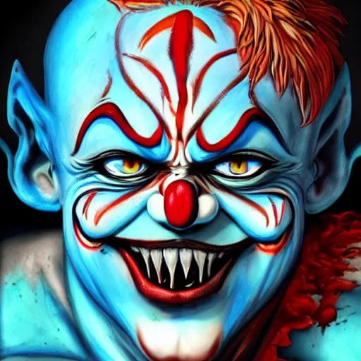Prompt: 4K headshot of godlike clown with blue skin defined arms and open hands and bloody clothes with giant mandala wings , intricate clown face make-up , flawless anime cel animation by Kentaro Miura, psychedelic , highly detailed upper body , professionally post-processed , beautiful, scary, symmetry accurate features, epic, octane rendered, anime masterpiece, accurate