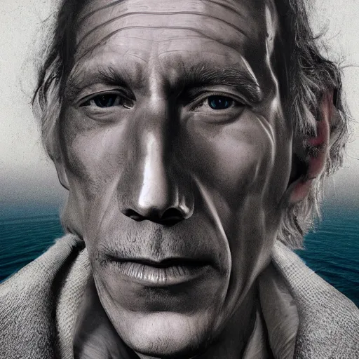 Prompt: a portrait of a interstellar hitchhiker john malkovich on a brilliant marble - sanded beaches of santraginus, inhaling the heady sea vapors, hyperrealistic, artstation, cinematic light, lars von trier