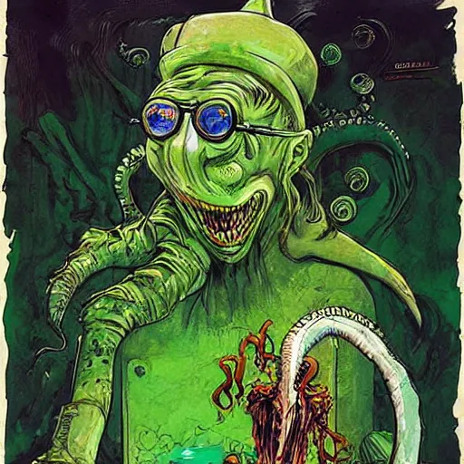 Image similar to graphic illustration, creative design, willy wonka as cthulhu, biopunk, by ralph steadman, francis bacon, hunter s thompson, highly detailed, concept art