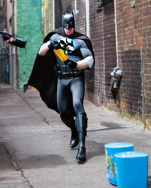 Image similar to happy batman firing super soaker water gun at playful criminals in an alleyway, everyone having fun, product advertisement, photography