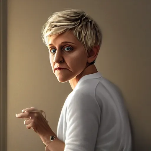 Prompt: portrait of ellen degeneres as a muppet, amazing artwork, natural light, elegant, photorealistic felt texture, intricate, detailed, atmospheric lighting, anamorphic lens flare, cinematic lighting, hd wallpaper, ultra high details by greg rutkowski