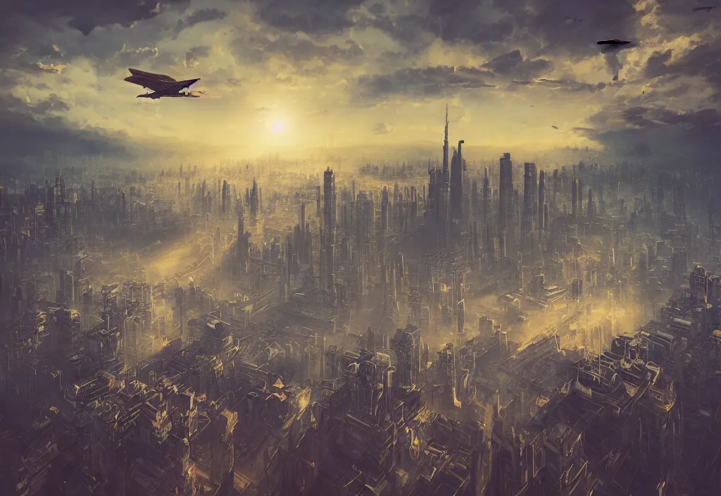 Image similar to flying city by alena aenami, zeppelin dock, city in the air, buildings are flying, mist below buildings, steampunk, digital art, 4 k, trending on artstation, impressive, epic composition, highly detailed, golden hour, no ground, cloud instead of ground