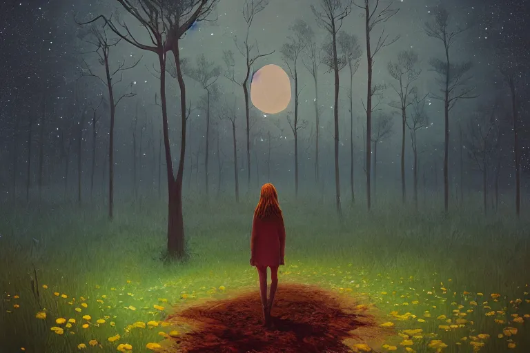 Image similar to giant daisy flower as face, girl walking in forest, surreal photography, dark night, stars, moon light, impressionist painting, clouds, digital painting, artstation, simon stalenhag