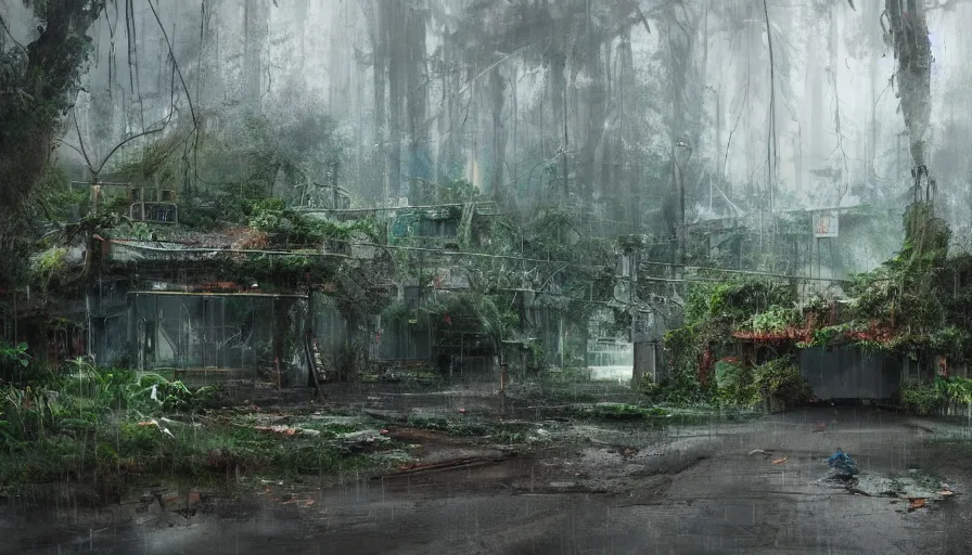 Image similar to Abandoned movie studio under rain, lot of vegetation, hyperdetailed, artstation, cgsociety, 8k