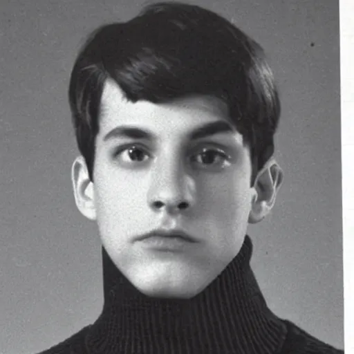 Prompt: a yearbook photo of Jughead Jones in 1966, he is wearing a turtleneck sweater with the letter S on it