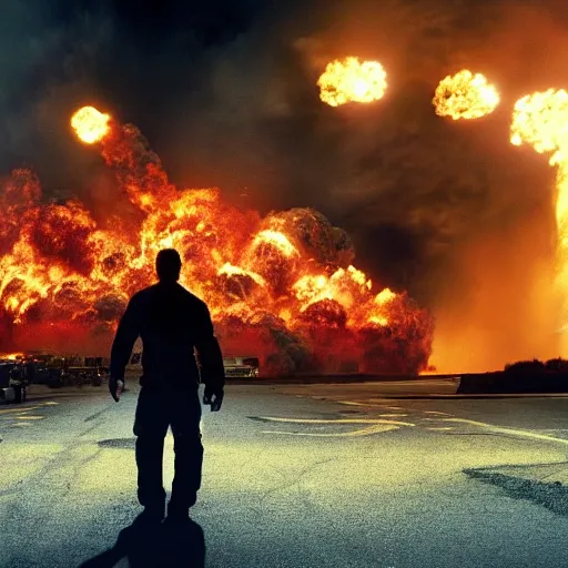 Prompt: shot from a michael bay movie : explosions behind the protagonist