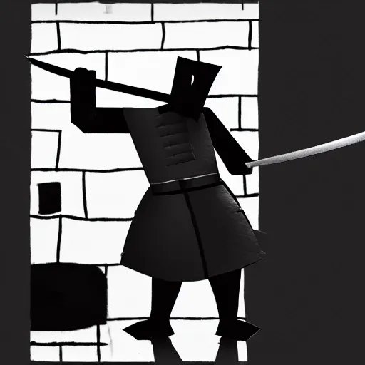 Prompt: boxman wielding a sword inside a kitchen