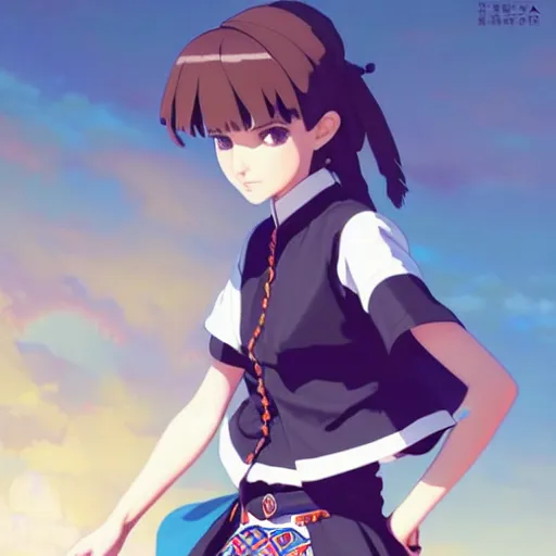 Image similar to a beautiful! boyish! natalie portman model, wearing catholic school girl outfit with mayan pattern and native style, aztec street fashion, guilty gear art direction, perfect face, gapmoe yandere grimdark, trending on pixiv fanbox, painted by greg rutkowski makoto shinkai takashi takeuchi studio ghibli, akihiko yoshida