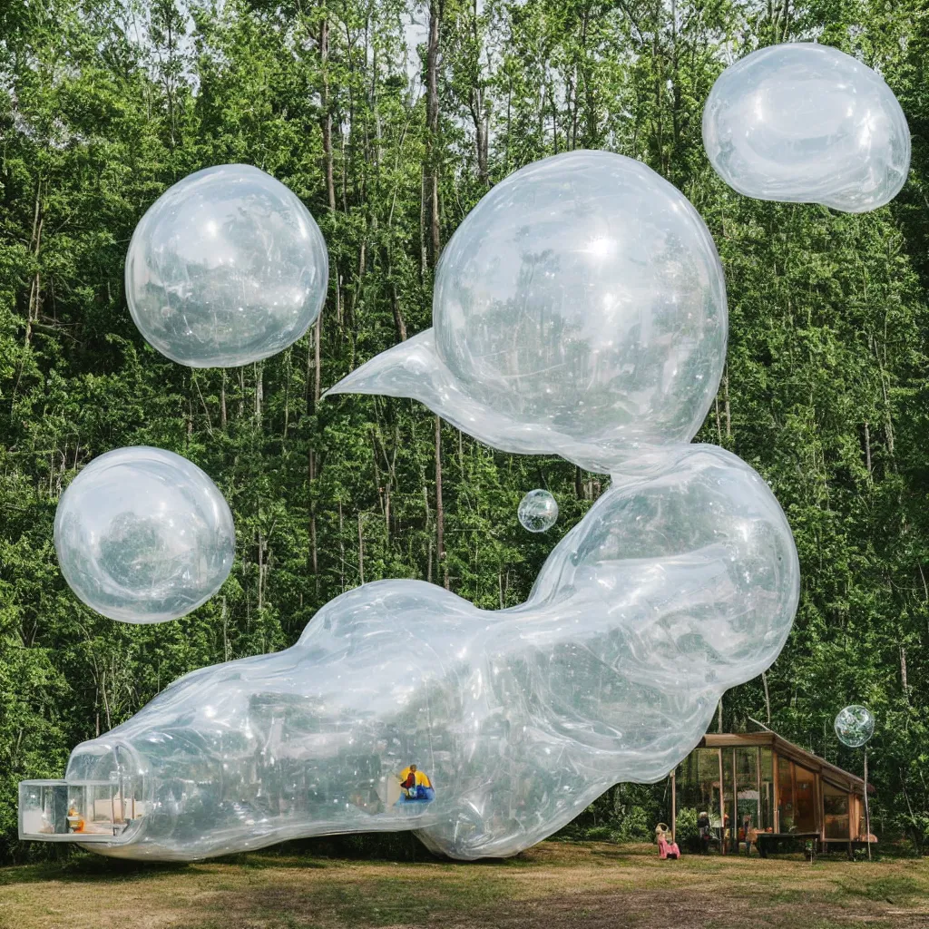 Prompt: an inflatable house made of clear plastic sheeting. The house is made of 3 inflated bubbles. The inflated house sits in a lake on the edge of a forest. A family is living inside the bubble house and it is furnished with contemporary furniture and art. The bubbles are connected with ladders and rope bridges. ultra wide shot, coronarender, 8k, photorealistic