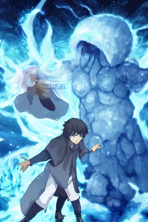 Image similar to cover art of mage summoning a ice golem, ufotable anime style, epic background