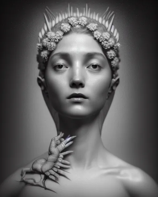 Prompt: dreamy, monochrome, subsurface scattering, white, young beautiful flower - cyborg goddess in cosmos, black and white, octane render, dino valls, mark ryden, highly detailed, rim light, art, cinematic lighting, very coherent, hyper realism, 8 k