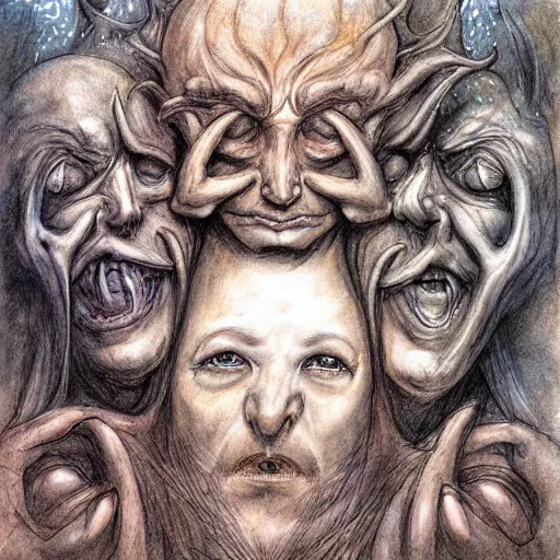 Prompt: brian froud - three headed man fantasy illustration