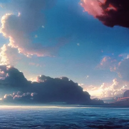 Image similar to beautiful matte painting of a dreamy ocean with clouds, sci - fi, daylight, blue sky, cinematic lighting, cinematic perspective, syd mead, john harris,