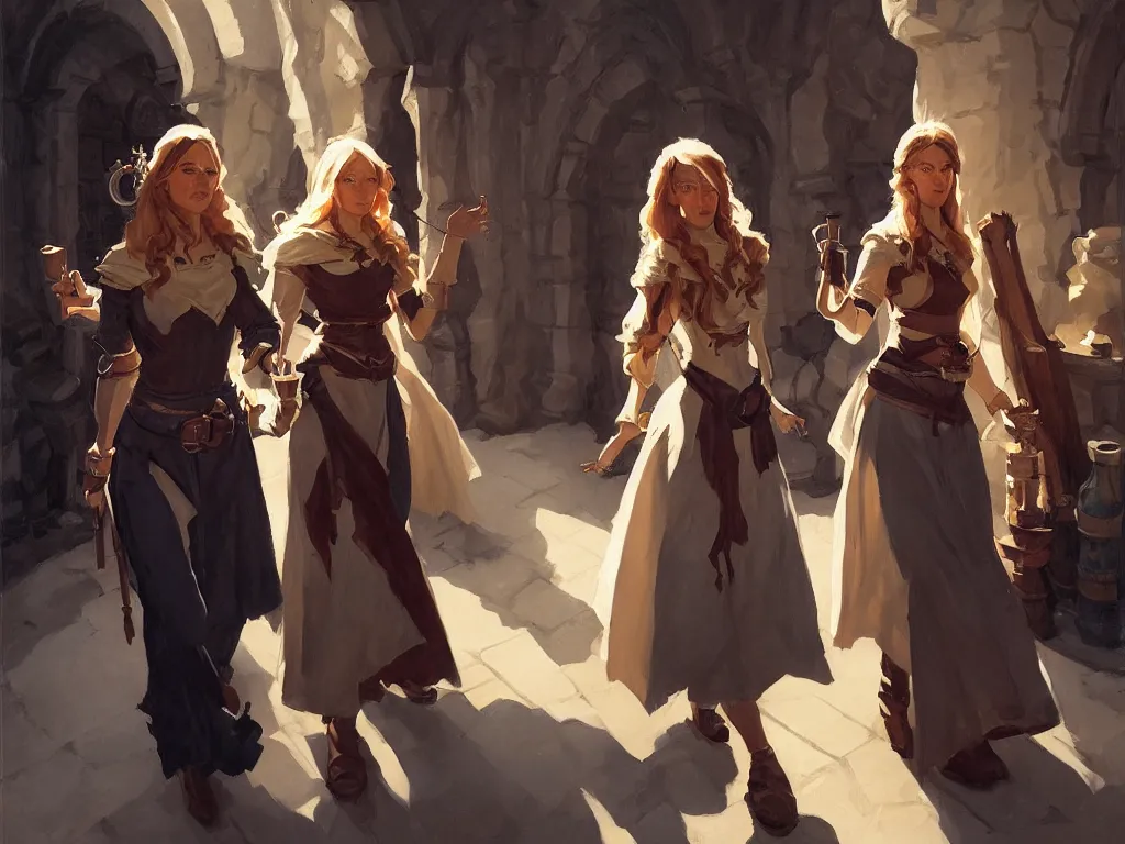 Prompt: portrait of two young female norwegian swedish fantasy alchemist mage models walking in the adventurers guild, by greg manchess and leyendecker, medium shot low key lighting asymmetrical intricate elegant illustration hearthstone