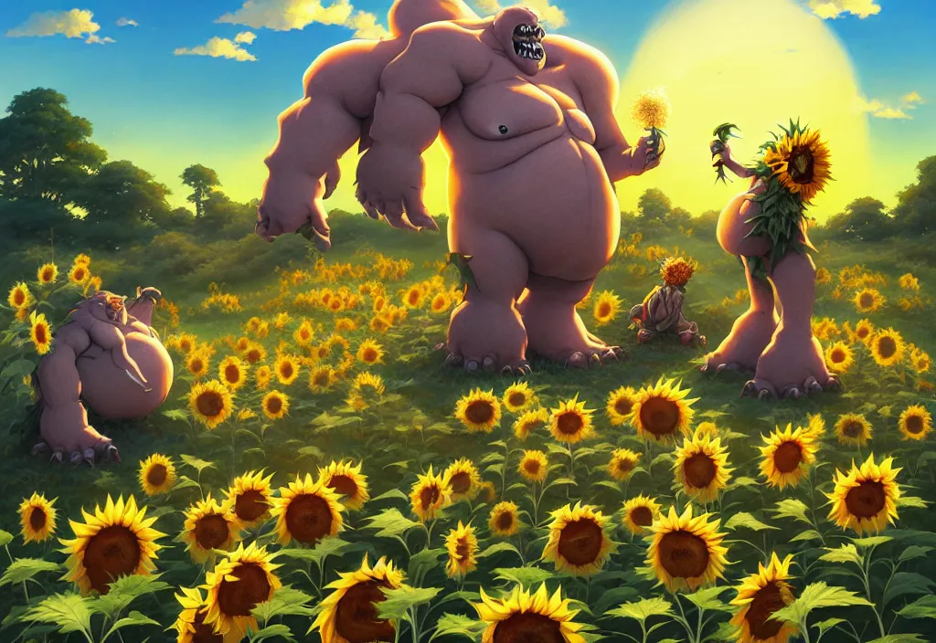 Image similar to chubby giant monster bones in the countryside with sunflower in the foreground, intricate oil painting, high detail illustration, sharp high detail, manga and anime 1 9 9 9, official fanart behance hd artstation by jesper ejsing and makoto shinkai, 4 k,