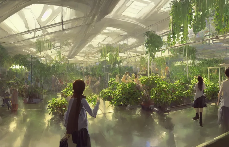 Image similar to greg manchess concept art of a lush indoor hydroponics lab in a far - future utopian city, key visual, ambient lighting, highly detailed, digital painting, artstation, concept art, sharp focus, by makoto shinkai and akihiko yoshida and hidari and wlop