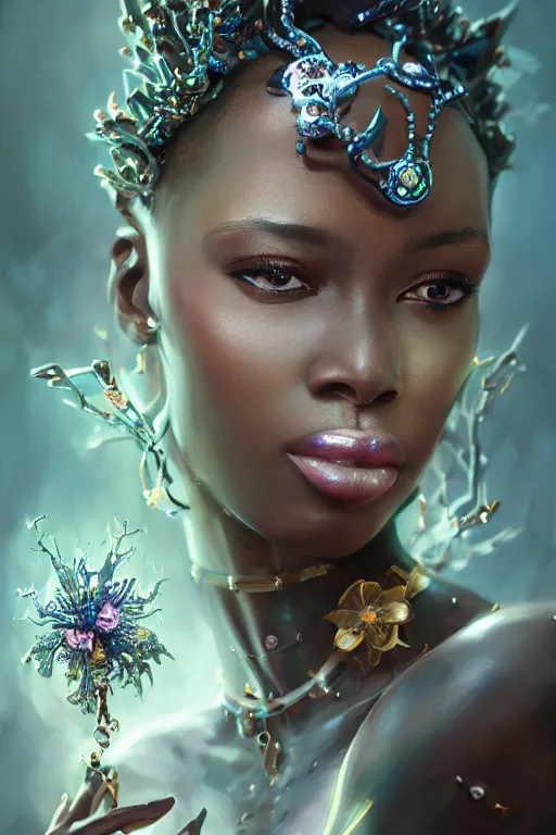 Image similar to beautiful black model wearing crystal crown full of jewels, warhammer, cyberpunk, 3 d render, hyper realistic detailed portrait, holding magic flowers, scifi, fantasy, hyper detailed, octane render, concept art, peter mohrbacher, artgerm, ruan jia, wlop