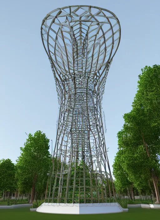 Image similar to highly detailed realistic architecture 3 d render of a stele shukhov tower standing in a city park, archdaily, made in unreal engine 4 octane render