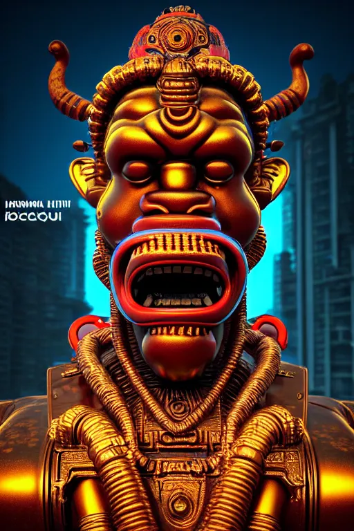 Image similar to high quality 3 d render post - rococo cyberpunk hanuman! head building, neon madhubani, open mouth, highly detailed, in sci - fi new delhi, cinematic smooth unreal engine, lee madgwick & liam wong, dramatic light, low angle, uhd 8 k, sharp focus