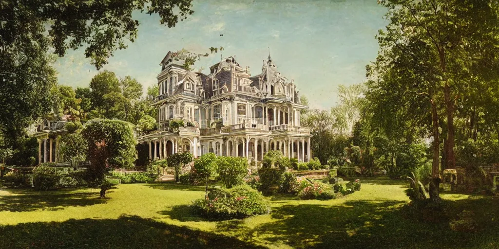 Image similar to a highly detailed photograph of a house from the 1880s surrounded by beautiful gardens, view from ground level, elegant, ornate, daytime, beautifully lit scene