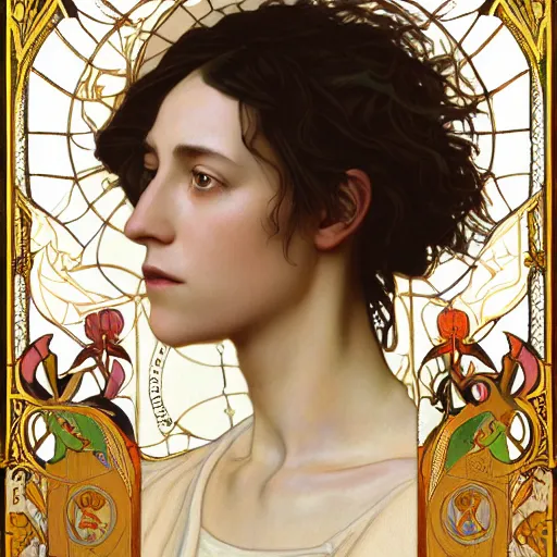 Image similar to portrait of charlotte gainsbourg as joan of arc, hyperreal digital painting, iconography influenced by alphonse mucha and eugene delacroix, arstation and deviantart trends, high resolution 8 k