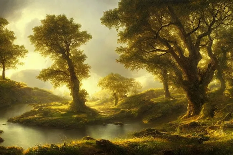 Image similar to masterpiece painting of oak trees on a hillside overlooking a creek, dramatic lighting, by jonas de ro