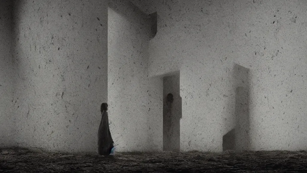 Prompt: our home is filled with nightmares, film still from the movie directed by Denis Villeneuve with art direction by Zdzisław Beksiński, wide lens